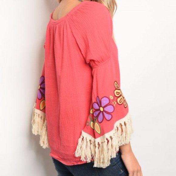 VaVa Joy Han Coral Floral Fringe Top - FUN!  Med - Picture 3 of 7